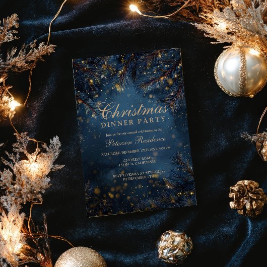 Invitation Elegant Navy Blue Gold Lights Pine Party Christmas