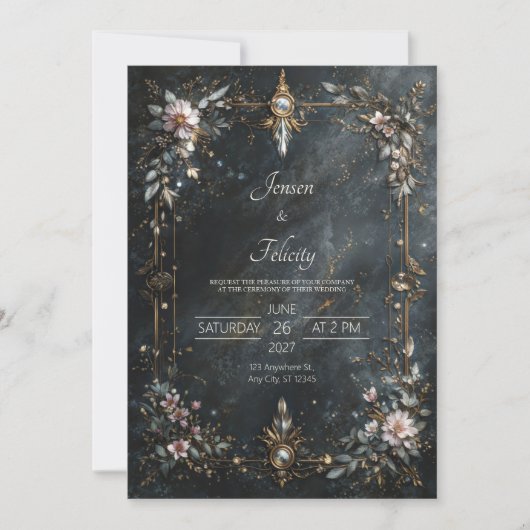 Invitation Elegant Navy Blue Gold Pink Floral Night Wedding (Devant)