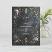 Invitation Elegant Navy Blue Gold Pink Floral Night Wedding (Debout devant)