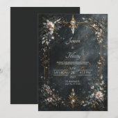 Invitation Elegant Navy Blue Gold Pink Floral Night Wedding (Devant / Derrière)