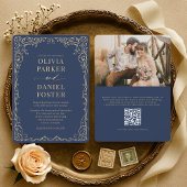 Invitation Elegant Navy Blue Gold QR Code Photo Wedding