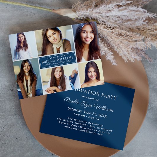 Invitation Elégant Navy Blue Graduation Party Photo Collage