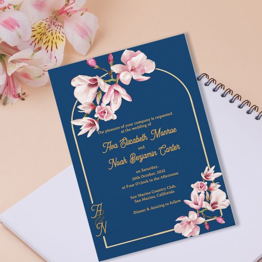 Invitation Elegant Navy Blue Magnolia Floral Wedding