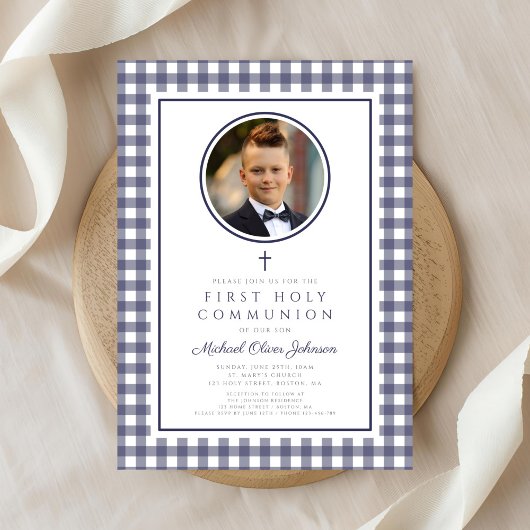 Invitation Elegant Navy Blue Photo Boy First Communion