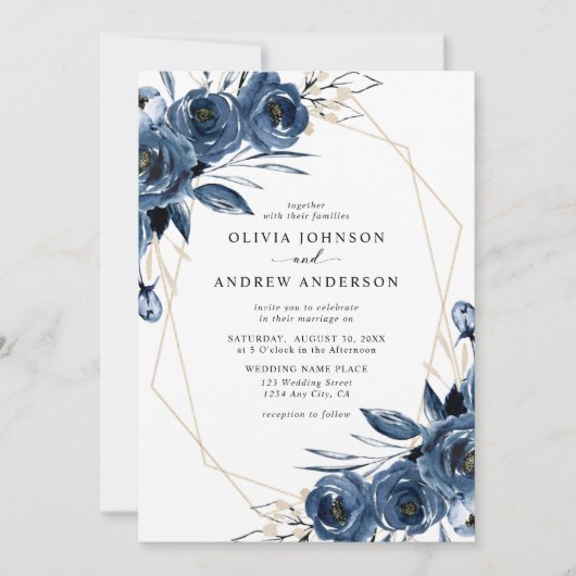 Invitation Elegant Navy Blue Silver Geometric Floral Wedding (Devant)