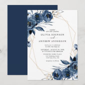 Invitation Elegant Navy Blue Silver Geometric Floral Wedding (Devant / Derrière)