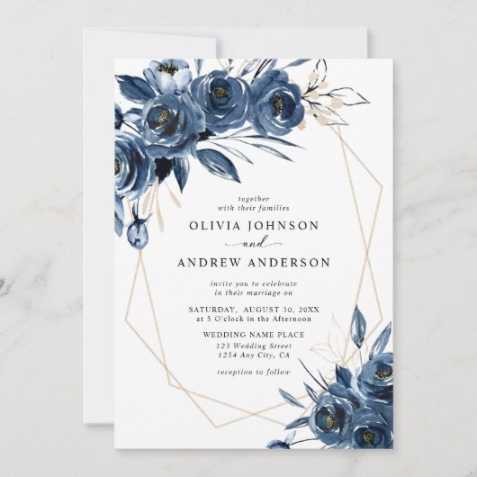 Invitation Elegant Navy Blue Silver Geometric Floral Wedding (Devant)