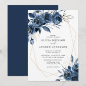 Invitation Elegant Navy Blue Silver Geometric Floral Wedding (Devant / Derrière)