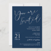 Invitation Elegant Navy Blue & Silver Script Company Party (Devant)
