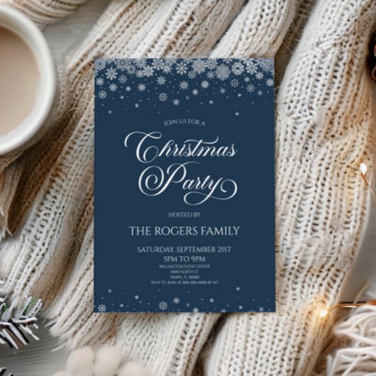 Invitation Elegant Navy Blue Snowflake Winter Christmas Party