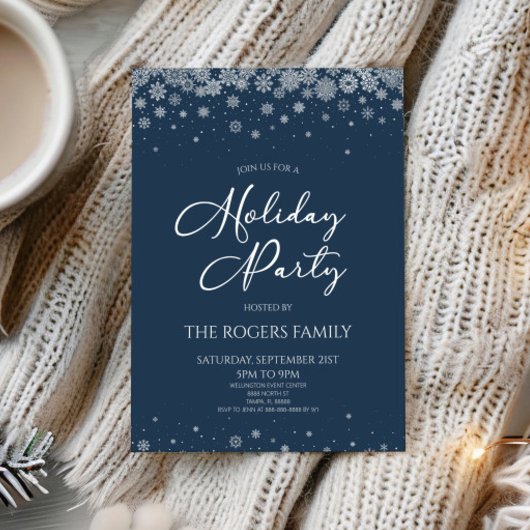 Invitation Elegant Navy Blue Snowflake Winter Holiday Party