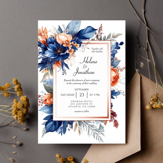 Invitation Elegant Navy Blue Terracotta Floral Boho Wedding