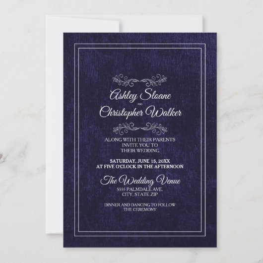 Invitation Elegant Navy Blue Velvet White Monogram Wedding (Devant)