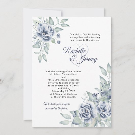Invitation Elegant Navy Blue Watercolor Floral Wedding (Devant)