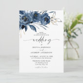Invitation Elegant Navy Blue Watercolor Floral Wedding (Debout devant)