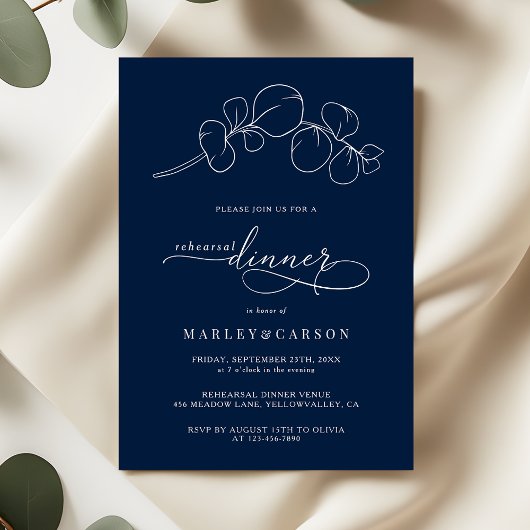 Invitation Elegant Navy Blue Wedding Rehearsal Dinner