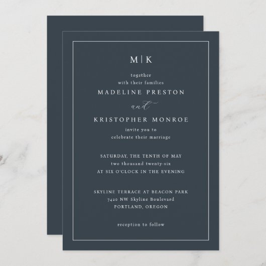 Invitation Elegant Navy Calligraphy Template (Devant / Derrière)