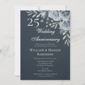 Invitation Elegant Navy Floral 25th Wedding Anniversary (Devant)