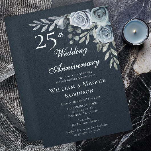 Invitation Elegant Navy Floral 25th Wedding Anniversary