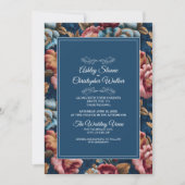 Invitation Elegant Navy Floral Teal RSVP QR code Wedding (Devant)