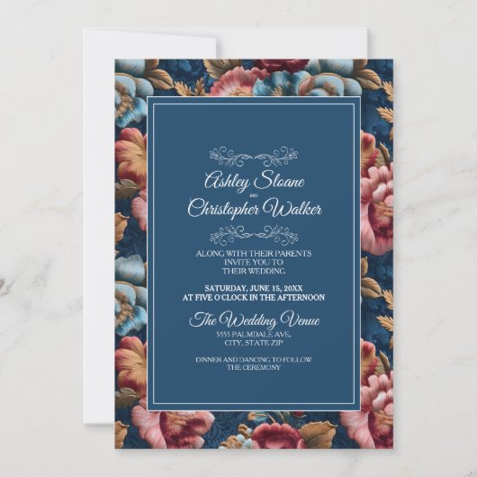Invitation Elegant Navy Floral Teal RSVP QR code Wedding (Devant)