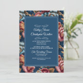 Invitation Elegant Navy Floral Teal RSVP QR code Wedding (Debout devant)