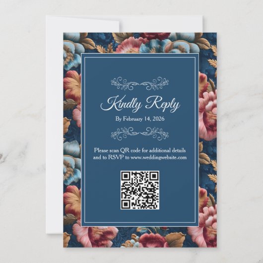 Invitation Elegant Navy Floral Teal RSVP QR code Wedding (Dos)