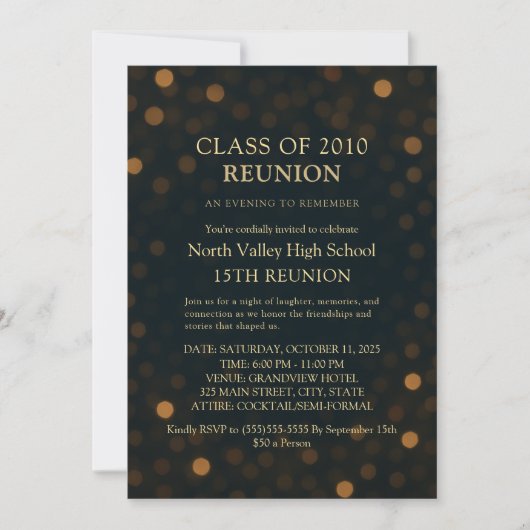 Invitation Elegant Navy Gold Bokeh 15th Reunion Invite (Devant)