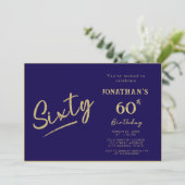 Invitation Élégant Navy Or Brush Script 60e Anniversaire (Debout devant)