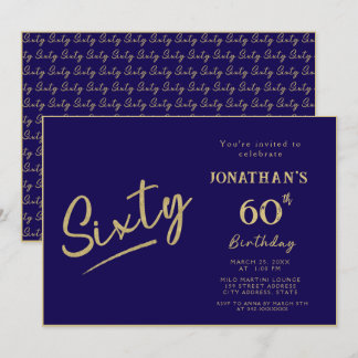 Invitation Élégant Navy Or Brush Script 60e Anniversaire