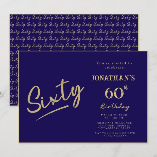 Invitation Élégant Navy Or Brush Script 60e Anniversaire (Devant / Derrière)