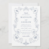 Invitation Elegant Navy Ornate Floral Frame Wedding (Devant)