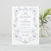 Invitation Elegant Navy Ornate Floral Frame Wedding (Debout devant)