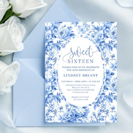 Invitation Elegant Navy Roses Digital 16th Birthday Invite