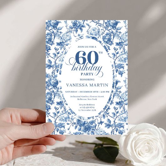 Invitation Elegant Navy Roses French Toile 60th Birthday