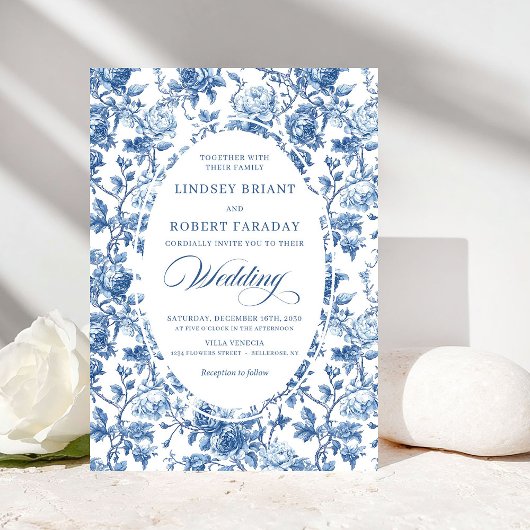 Invitation Elegant Navy Toile de Jouy Rose Floral Wedding 