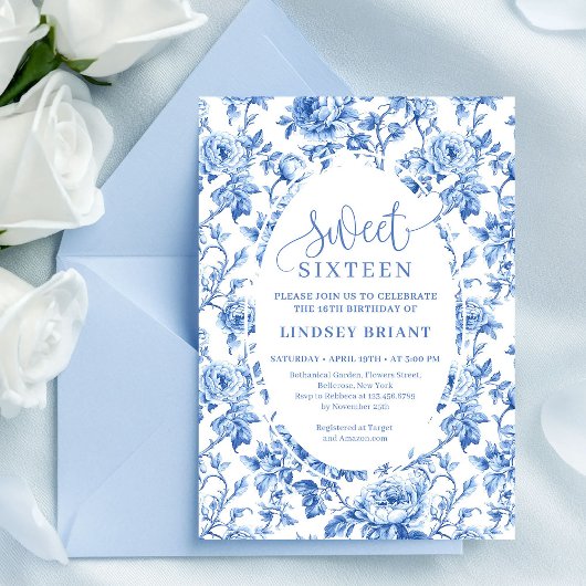 Invitation Elegant navy toile roses digital birthday invite 
