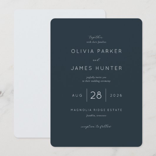 Invitation Elegant Navy Typographic Wedding (Devant / Derrière)