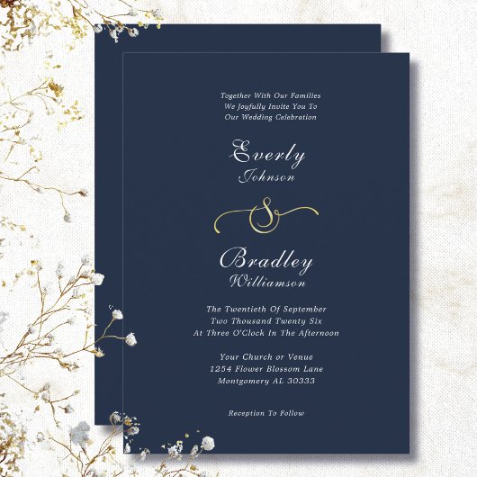 Invitation Elegant Navy White Gold Minimalist Wedding