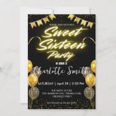Invitation Elégant néon Gold Balloo rétro Sweet 16e anniversa (Devant)