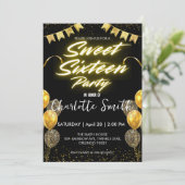 Invitation Elégant néon Gold Balloo rétro Sweet 16e anniversa (Debout devant)