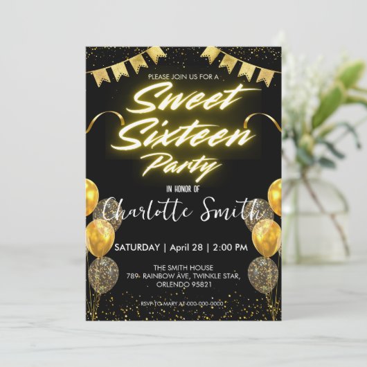 Invitation Elégant néon Gold Balloo rétro Sweet 16e anniversa (Debout devant)