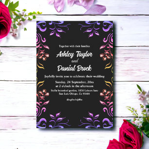 Invitation Elégant Neon Lumières Rose Black Floral Mariage