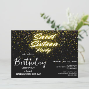 Invitation Elégant néon or noir rétro Sweet 16e anniversaire