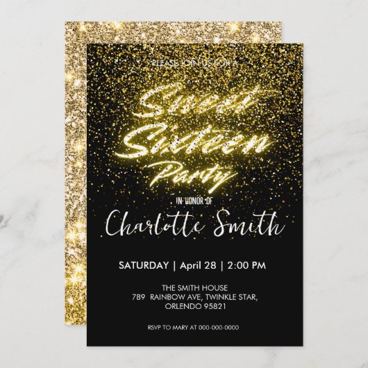 Invitation Elégant néon or noir rétro Sweet 16e anniversaire (Devant / Derrière)