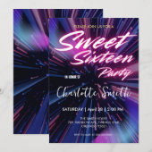 Invitation Elégant néon rose rétro noir Sweet 16e anniversair (Devant / Derrière)
