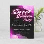 Invitation Elégant néon rose rétro noir Sweet 16e anniversair (Debout devant)