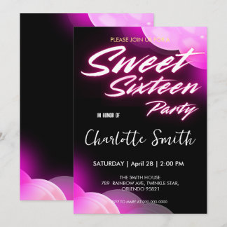 Invitation Elégant néon rose rétro noir Sweet 16e anniversair