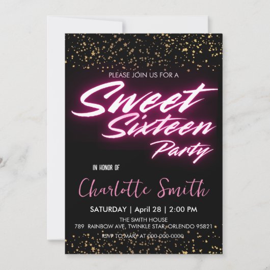 Invitation Elégant néon rose rétro Or Sweet 16e anniversaire (Devant)