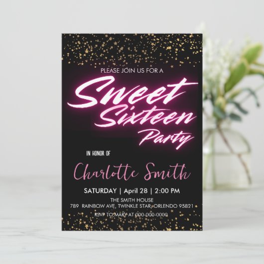 Invitation Elégant néon rose rétro Or Sweet 16e anniversaire (Debout devant)